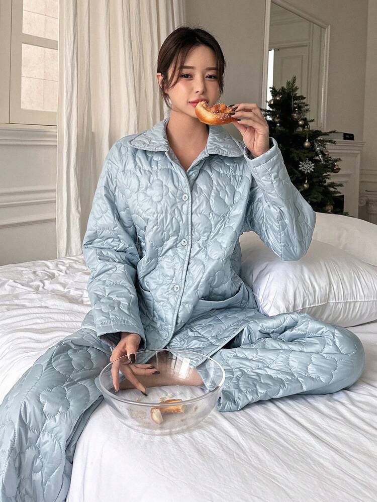 2pcs Thick -Padded Floral Homewear Set Fall,Winter Pajama