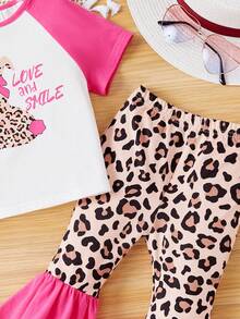 SHEIN 嬰兒女童可愛兔紋豹紋拼色短袖上衣和喇叭褲套裝 - 西瓜粉 - 查看 5