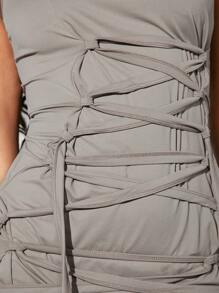 SHEIN BAE Women's Solid Color Asymmetrical Strappy Slim Fit One-Shoulder Bodycon Dress - Grey - View 6