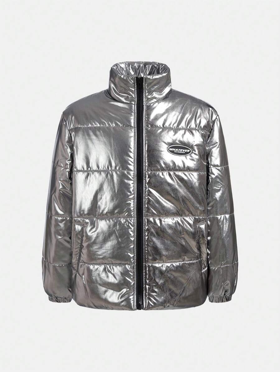 SHEIN Tween Boy Loose Sports Thickened Stand Collar Drop Shoulder Padded Coat - Black - View 1