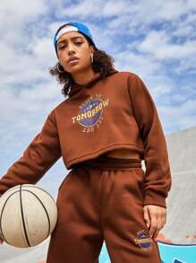 Gameset SHEIN Sport Women's Hooded Sportswear Set With Letter Prints - Coffee Brown - View 6