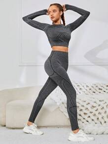 SHEIN Conjunto Deportivo De Camiseta Jacquard De Punto Sin Costuras Y Pantalones Largos Para Niña Adolescente