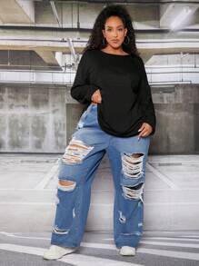 SHEIN CURVE+ Women's Plus Size Letter Printed Tee With Floral Pattern - Black - View 6