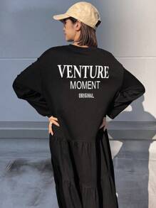 FRIFUL 字母图案落肩荷叶边下摆罩衫连衣裙，秋装 - 黑色 - 查看 4