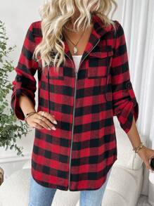 SHEIN Essnce Của phụ nữ Kẻ sọc Tương phản Màu sắc Phù hợp thường Áo khoác - Đỏ - Xem 5