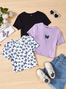 SHEIN 3pcs/set Tween Girls' Casual Knitted Round Neck Short Sleeve Tops For Daily Wear