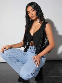 SHEIN BAE 黑色蕾丝边蝴蝶结吊带背心，性感派对和休闲装，夏季复古风格 - 黑色 - 查看 3