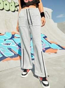 Street Sport 女色塊抽繩腰部編織帶運動褲 - 淺灰色 - 查看 1