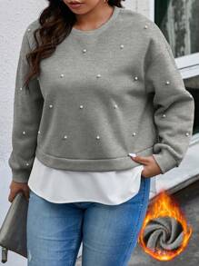 Calvaya 加大碼珍珠裝飾2合1運動衫 - 灰色 - 查看 1