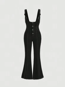 SHEIN MOD Của phụ nữ Nút phía trước Áo liền quần Với Quần loe Và Dây treo - màu đen - Xem 1