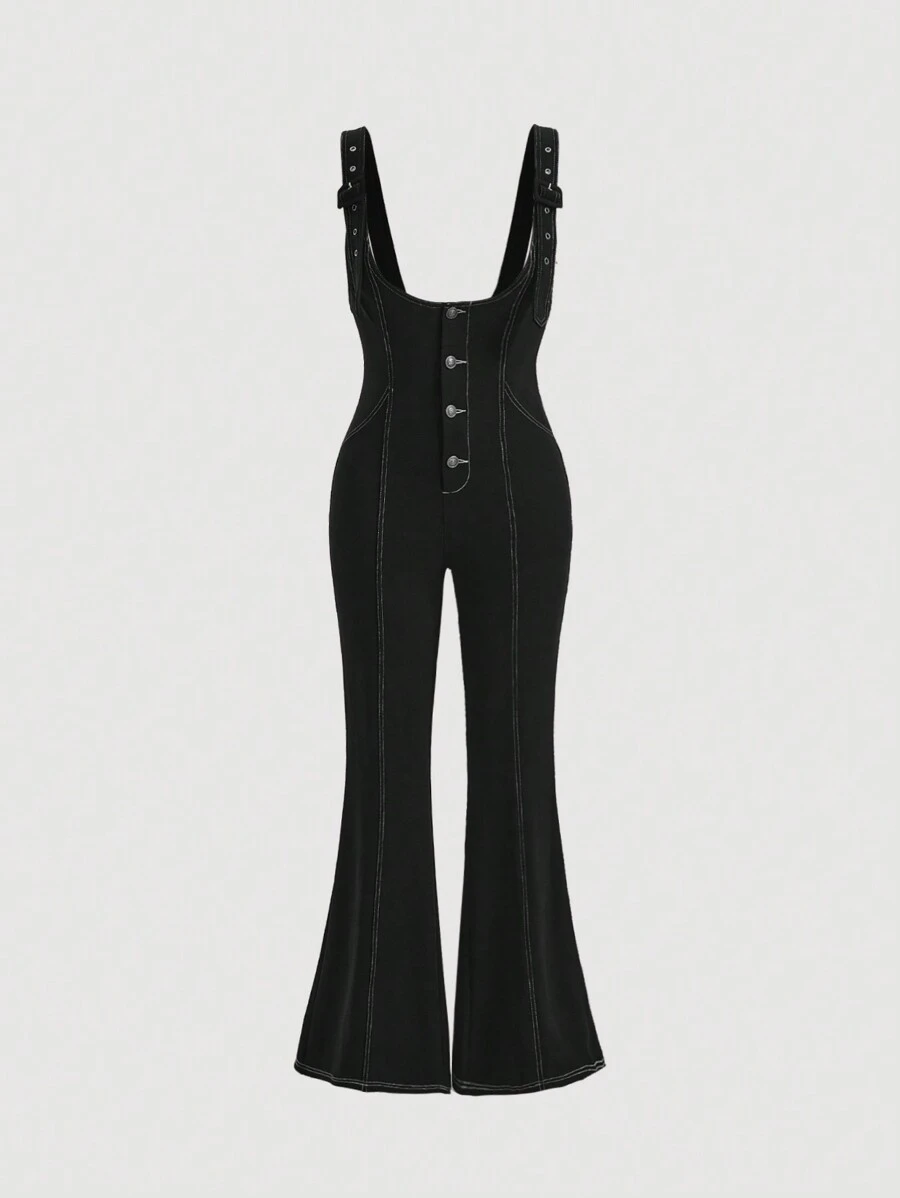 SHEIN MOD Của phụ nữ Nút phía trước Áo liền quần Với Quần loe Và Dây treo - màu đen - Xem 1