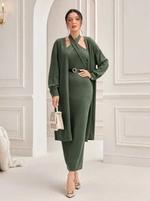 Modelyn Women's Solid Color Halterneck Dress And Jacket Two-Piece Set 2 Piece Set - Army Green - View 6