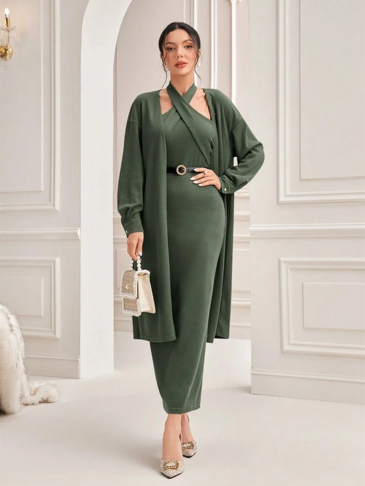 Women's Solid Color Halterneck Dress And Jacket Two-Piece Set 2 Piece Set