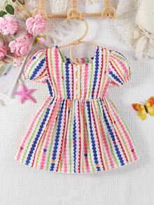 Baby Girls' Colorful Puff Printed Short Sleeve Square Neck Dress With A Vivacious And Cute Style For Spring/Summer - Multicolor - View 2