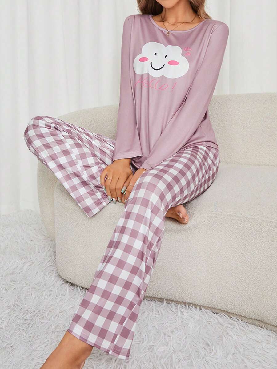 Ladies' Pajama Set With Smiling Cloud & Plaid Pattern - Dusty Purple - View 1