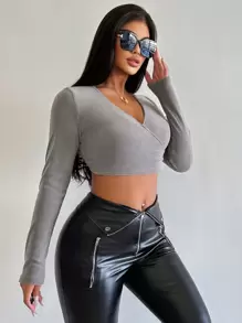 Zolique Women's Wrap Cropped Top - Grey - View 4