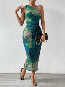 Chiquease Tie-Dye Bodycon One Shoulder Dress Maxi Women Outfit - Green - View 1