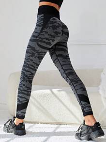 SHEIN Teenage Girls' Seamless Camouflage Print Tight Casual Sports Leggings - Multicolor - View 1