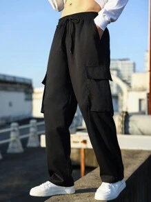 Manfinity Hypemode Men'S Solid Color Drawstring Waist Multi-Pocket Cargo Pants