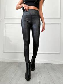 EURMUSE Wideband Waist Glitter Leggings - Black - View 4