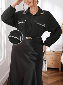 SHEIN Privé 大尺碼仿珍珠裝飾翻領襯衫 - 黑色 - 查看 3