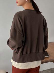 FRIFUL Women's Solid Color Drop Shoulder Button Front Sweatshirt - Coffee Brown - View 2