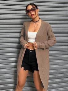 SHEIN Unity Women's Solid Color Casual Sweater With Big Pockets - Brown - View 5