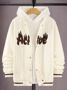 Manfinity Roghcode 男士字母刺繡棒球夾克 - 米色 - 查看 4