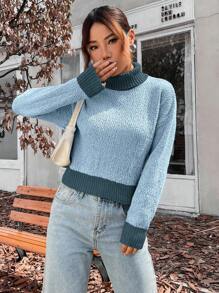 SHEIN Unity 女士休闲撞色高领针织套头衫秋冬毛衣 - 藍色 - 查看 3