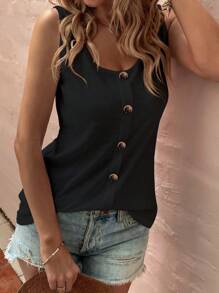 SHEIN LUNE Button Front Tank Top - Black - View 4