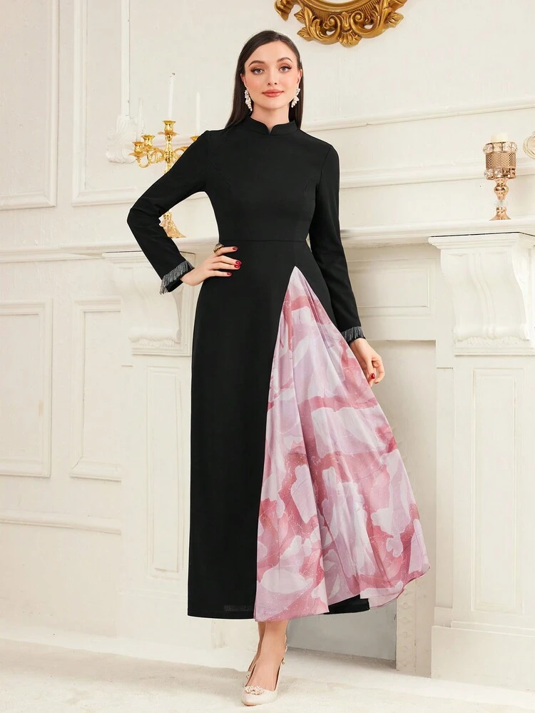 Women's Color Block Floral Print Patchwork Fringe Sleeve Hem Dress