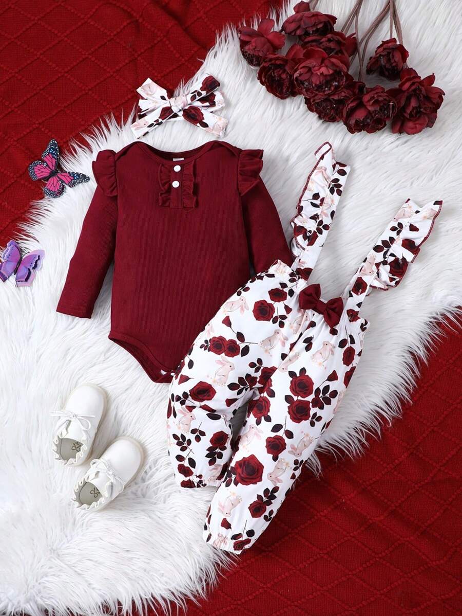 可爱兔子印花两件套女婴服装 - 酒紅色 - 查看 1