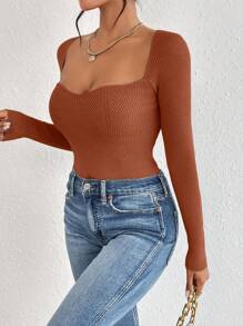 SHEIN Frenchy Của phụ nữ Người yêu Đường viền cổ áo Đồ đan Ribbed Áo len - màu nâu - Xem 6
