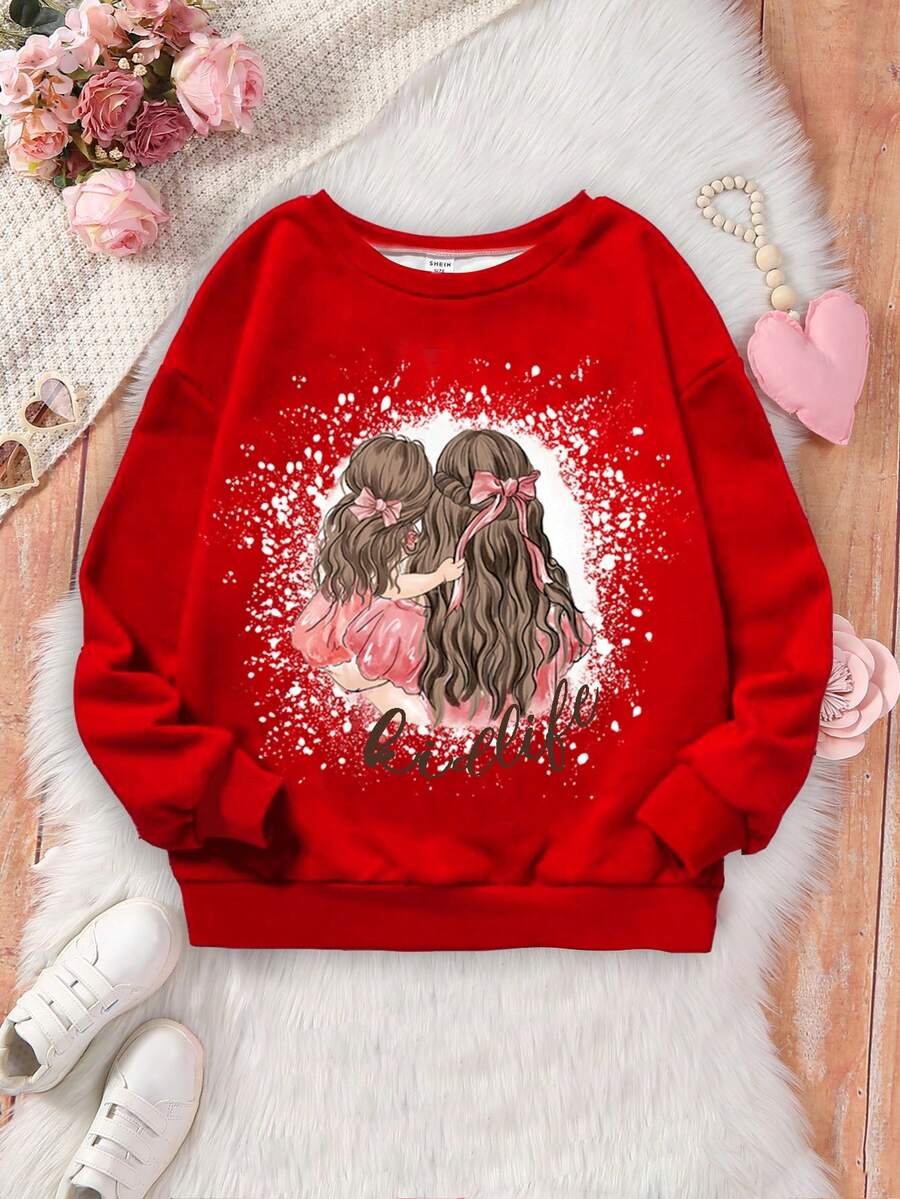 SHEIN Tween Girl Cartoon Character & Letter Printed Round Neck Sweatshirt For Spring And Autumn - Red - View 1