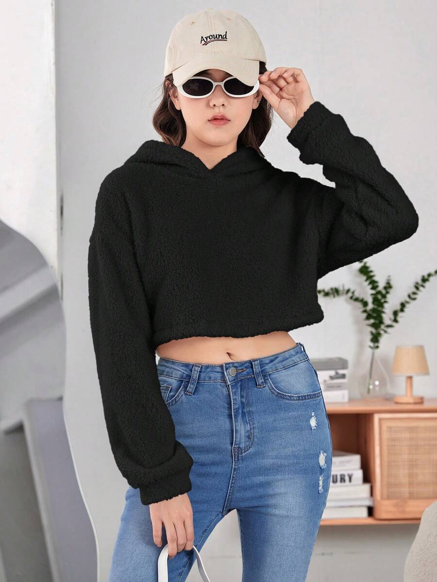 Teen Girls' Y2k Short Teddy Sweatshirt - Black - View 1