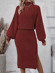 SHEIN Privé Màu thuần Áo cao cổ Tay áo lồng đèn Đầm Áo len - Đỏ - Xem 5