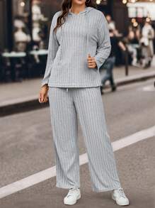 SHEIN LUNE 女士加大碼純色條紋束口t恤和褲子兩件套裝 - 灰色 - 查看 5