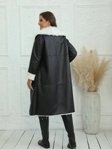 RELISH NOLESS Women's Long Sleeve Single-Breasted Lapel Fleece Zip-Up Mid-Length Coat - Black - View 3