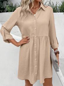 SHEIN Frenchy Women's Solid Color Ruffle Sleeve Shirt Dress - Khaki - View 6