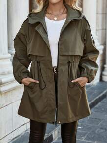 SHEIN Essnce 束腰帽露中長款風衣 - 軍綠色 - 查看 6