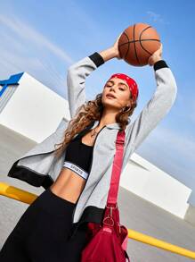 SHEIN Street Sport 拼接連帽運動夾克,帶有網布條紋 - 灰色 - 查看 5