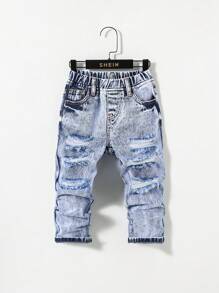 SHEIN 幼兒男童水洗破洞牛仔褲 - 淺色水洗藍 - 查看 1