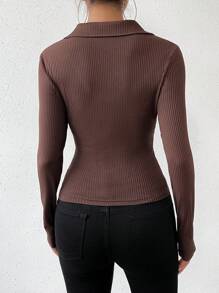 Daily&Casual Slim Fit Sports Ribbed T-shirt With Small Lapel - Coffee Brown - View 2