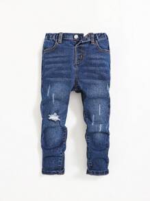 SHEIN Young Boy Midrise Asymmetrical Ripped Jeans For Casual Occasions - Blue - View 1