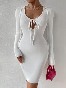 SHEIN Unity Solid Color Hollow Out Design Belted Bodycon Dress - White - View 6