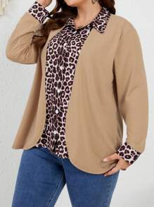 EMERY ROSE Chemise Élégante Ample À Imprimé Léopard Et Kaki De Grande Taille