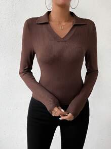 Daily&Casual Slim Fit Sports Ribbed T-shirt With Small Lapel - Coffee Brown - View 3