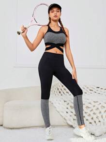 SHEIN 女孩無縫針織色塊交叉背心褲運動套裝