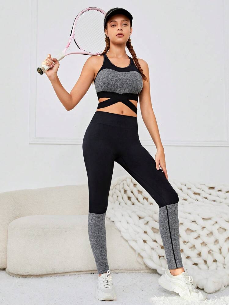 Teenage Girls' Seamless Knitted Color Block Crossback Vest And Pants Sports Suit