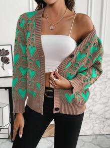 SHEIN LUNE 女款心型鏤空紐扣衫毛衣 - 綠色 - 查看 4
